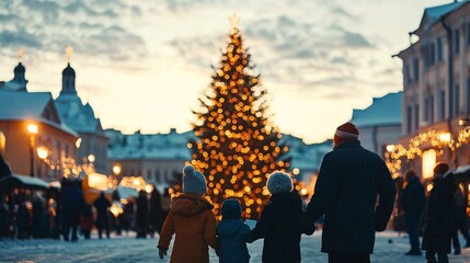 Fototapeta premium Family Walking in a Winter Wonderland Under Christmas Lights