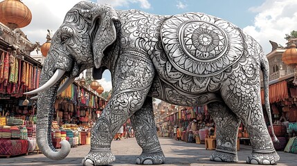 Fototapeta premium A grand elephant with swirling mandala designs etched into its skin, walking through a vibrant Indian market. The background is filled with colorful textiles and hanging lanterns, under a bright,