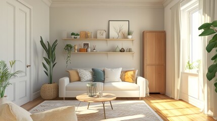 Fototapeta premium A bright living room with a comfy seating area and dining space. The room features a sofa, coffee table, a shelf with decorations, and hardwood floors. There are hidden doors and a stand with a vase.