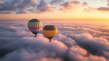 Obraz premium Two hot air balloons fly above a sea of clouds at sunset.