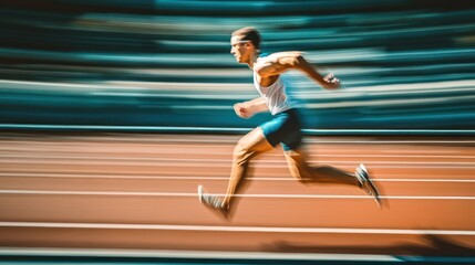 Blurred motion of a runner on an athletics track with a blue background.