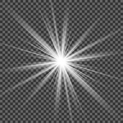 A twinkling white star on a light gray background. Sparkling and shining stars, bright flashes of lights with radiation. Vector EPS 10.