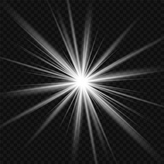 A twinkling white star on a light gray background. Sparkling and shining stars, bright flashes of lights with radiation. Vector EPS 10.