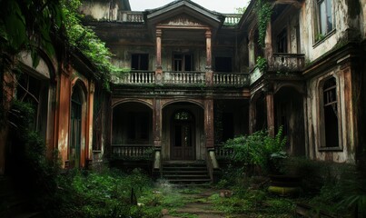 Naklejka premium Overgrown, abandoned mansion with overgrown courtyard.