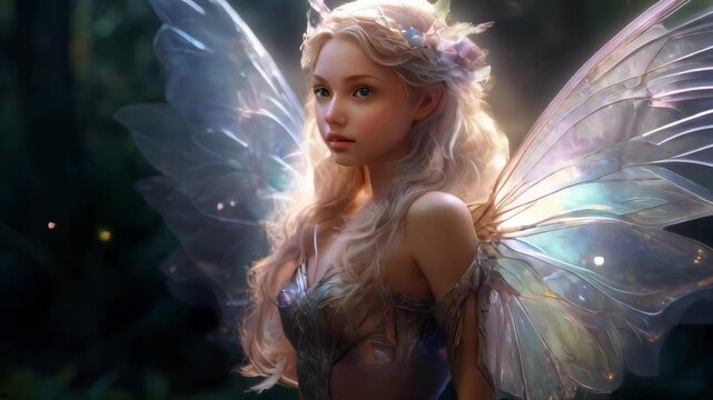 A beautiful fairy with delicate, translucent wings stands amidst a magical forest. Her gentle expression and soft lighting create an enchanting and serene atmosphere, capturing the essence of fantasy