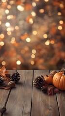 A wooden table with an autumn background and bokeh lights in the background