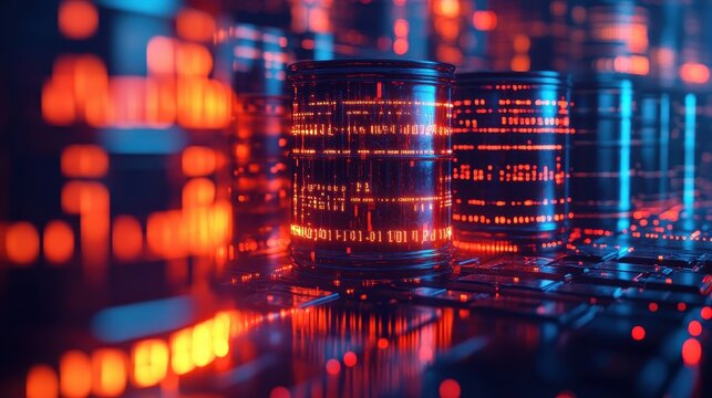 Futuristic data storage technology with glowing visual elements representing digital information in a modern network environment.
