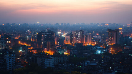 Obraz premium stunning cityscape at dusk, showcasing vibrant urban skyline filled with modern buildings and glowing lights. atmosphere is serene yet bustling, capturing essence of city life