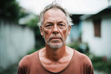 A serious portrait of an elderly man wearing a brown shirt, standing in an outdoor environment, displaying a calm yet intense gaze that conveys wisdom and experience.