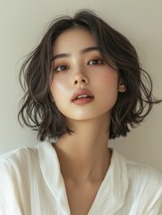 Fototapeta premium A clean, minimal skincare photoshoot featuring a youthful Southeast Asian woman with short, dark hair