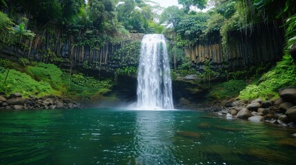 Obraz premium Majestic waterfall in a tropical rainforest cascading into a clear pool, surrounded by lush greenery.