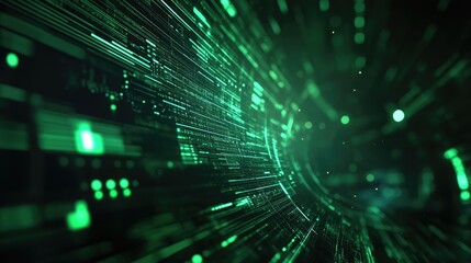 3D abstract background featuring green tech layers against a dark backdrop enhanced with glowing circular line details Contemporary graphic design elements included