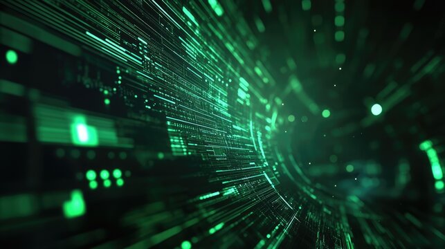 3D abstract background featuring green tech layers against a dark backdrop enhanced with glowing circular line details Contemporary graphic design elements included
