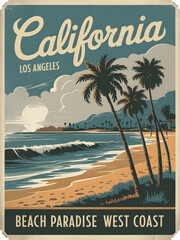 A retro poster-style beach scene set in Los Angeles, California