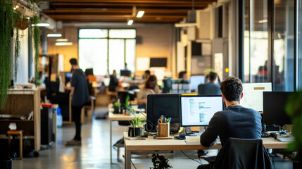 modern office environment showcasing individuals engaged in work at their desks, surrounded by greenery and technology. atmosphere promotes productivity and innovation