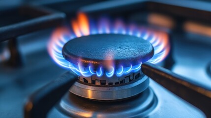 Close-up of a blue gas flame on a stovetop burner.