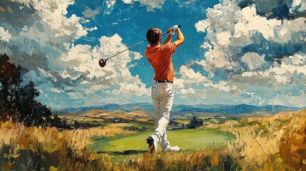 Graceful Golfer - Fluid Swing of a Young Athlete, Oil Painting on Canvas
