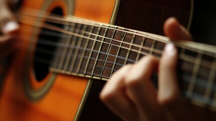 Obraz premium Close-up of a hand playing an acoustic guitar.