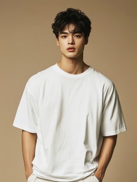 An Asian American man is wearing a white oversized T-shirt for a mockup, beige background