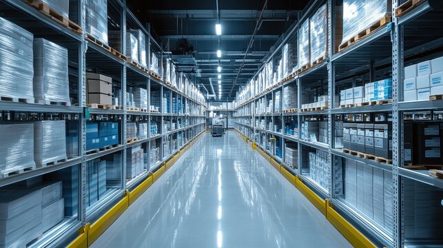 Detailed interior of a state-of-the-art pharmaceutical distribution center featuring temperature-controlled storage, serialized tracking, and robotic order fulfillment