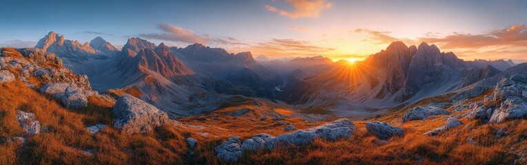 Obraz premium Panoramic view of mountain range during autumn sunrise