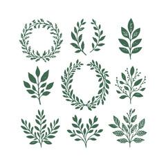 Set of wreaths and branches with leaves Hand drawing vector art illustration