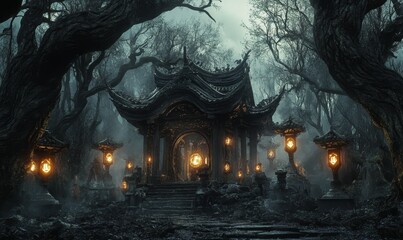 Fototapeta premium Dark temple with glowing lanterns in a forest.