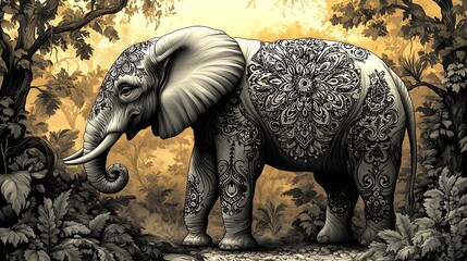 Fototapeta premium A majestic elephant adorned with intricate mandala patterns on its skin, standing in a vibrant jungle. The background features detailed trees and vines, with soft sunlight filtering through.