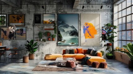 A stylish and trendy graphic design studio with inspiration boards and digital art