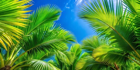 Naklejka premium Lush green palm tree leaves creating a tropical ambiance against a clear blue sky background