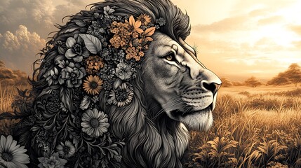 Fototapeta premium A majestic lion with a mane made entirely of intricate floral patterns, standing proudly in a vast savanna at sunrise. The background features golden grasses and soft light,