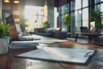 A bunch of documents on the desk in the minimalistic office.