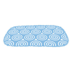 Blue and white rug in an oval shape with a fuzzy border. Pattern consists of concentric circles. Ideal for home decor, childrens rooms, playrooms, modern design, and interior design themes. Simple