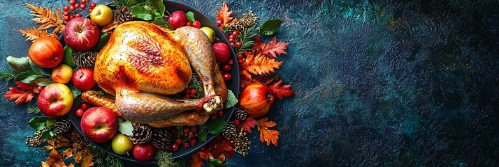 A beautifully arranged roasted turkey with autumn foliage, perfect for Thanksgiving celebrations and Halloween-themed gatherings. Ideal for festive marketing materials.