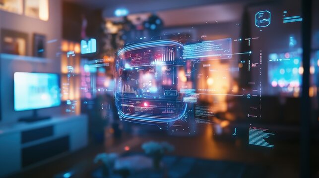 Futuristic Interface Hologram Projected in a Modern Living Room.