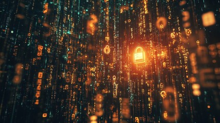 Fototapeta premium Abstract Digital Security Background with Glowing Padlock Icon and Data Stream - Futuristic Cyber Security Concept.