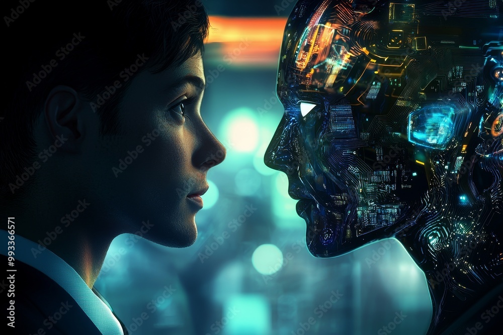 Poster this image shows a generative ai robot interacting with a businessman in order to represent the futu