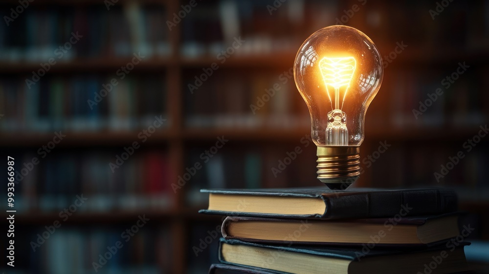Wall mural glowing lightbulb on top of a stack of books in a library.
