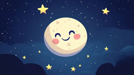 Fototapeta premium Cute Smiling Moon with Stars in Night Sky Illustration.