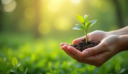 Environment Earth Day In the hands of trees growing seedlings. Bokeh green Background, human hand holding tree on nature field grass. Forest conservation concept