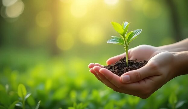 Environment Earth Day In the hands of trees growing seedlings. Bokeh green Background, human hand holding tree on nature field grass. Forest conservation concept