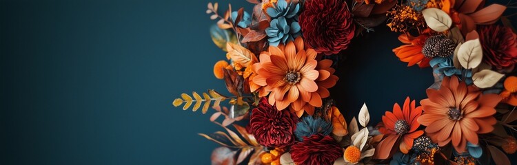 beautiful automn wreath isolated on dark blue background with dried flowers