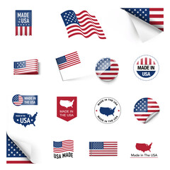 Set of flags, ribbons, signs with the USA flag. Vector illustration isolated on white background. Ready to use for your design, presentation, promo, ad. EPS10.