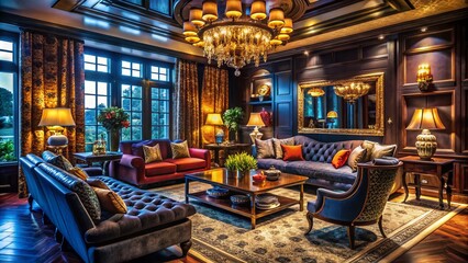 Naklejka premium Luxurious Dark Tones in Elegant Interior Design with Rich Textures and Ambient Lighting Effects