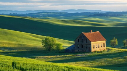 Old farmhouse with surrounding green fields, no animals or people, perfect for copy space on the left