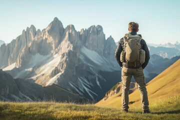 A man with a backpack stands on a mountaintop, looking at tall, rocky peaks