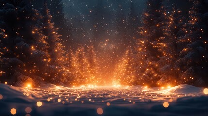 Naklejka premium snow gently falling at night in a serene dark forest illuminated by twinkling lights and stars creating a magical winter scene filled with tranquility and wonder