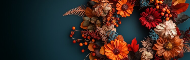 beautiful automn wreath isolated on dark blue background with dried flowers