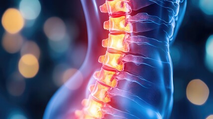 Anatomical illustration of human spine showing vertebrae and highlighted areas, indicating possible pain or inflammation
