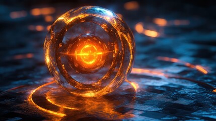 3D glowing sphere with orange light at its center, with rotating interlocking rings that reflect the core's glow